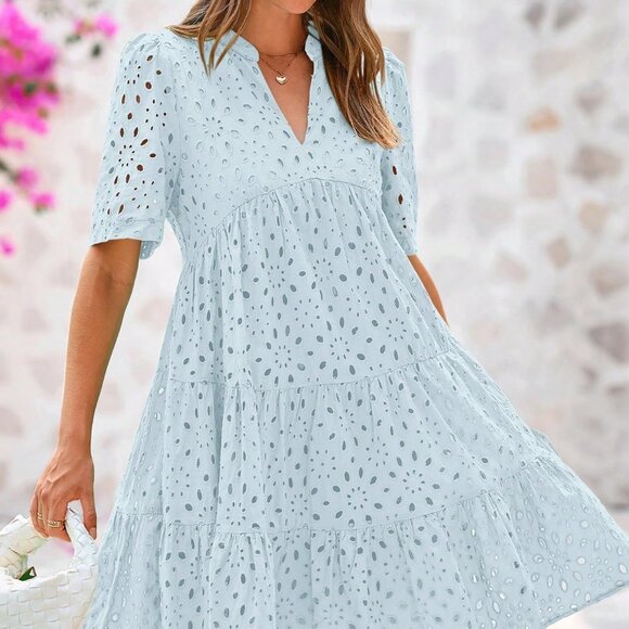 Light Blue Boho Women's Embroidered Eyelet V-Neck Mini Dress Ruffle Tiered - Picture 4 of 5
